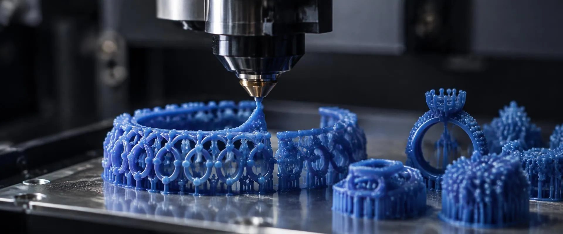 Solidscape 3D printer nozzle depositing blue wax onto bracelet and ring patterns on a build plate